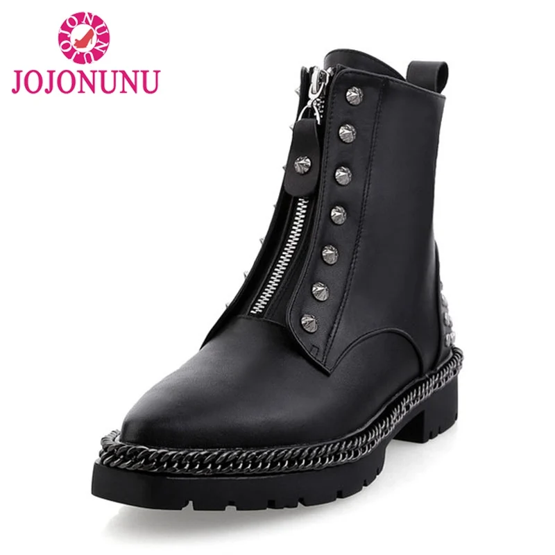 

JOJONUNU Women Real Leather Fringe Boots Side Zipper Rivets Botas Fashion Botas Platform British Thick Fur For Winter Size 34-40