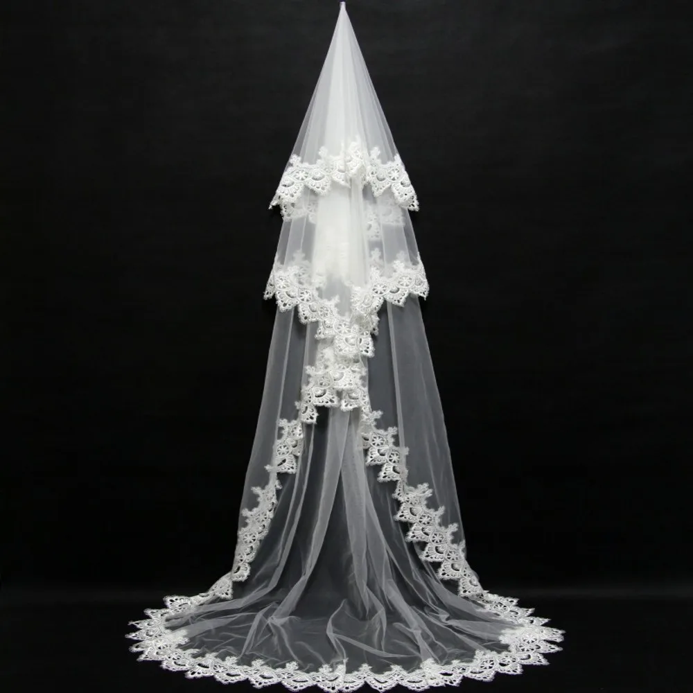 

2019 Wedding Veil Cathedral 3M Long Ivory Tulle Lace Appliqued Edge 1 Layer Bridal Veil Women Party Accessories