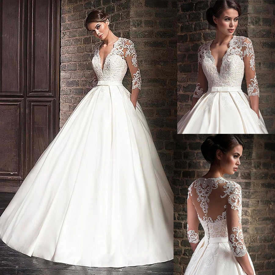 

2019 Lace Applique White Satin Wedding Dress Sexy V-Neck Ball Gown Buttons Back Half Sleeves Bridal Dress vestidos de formatura