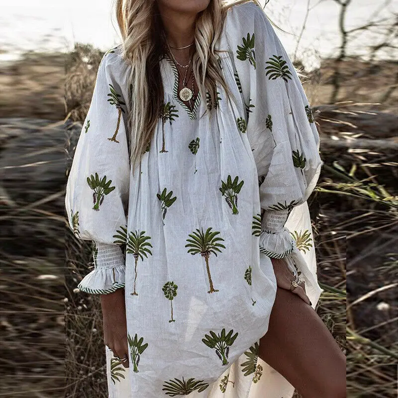 

New Ladies Long Sleeve Boho Print Party Leisure Linen Beach Loose Holiday Dress