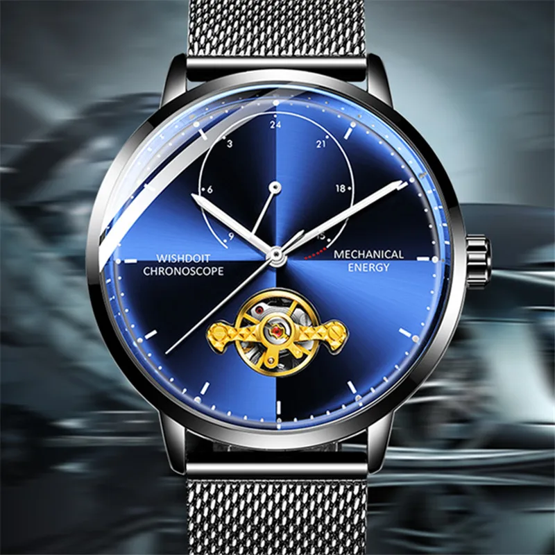 

WISHDOIT New Mens Watches Luxury Mesh belt Tourbillon Automatic Mechanical Watch Men Wristwatch Waterproof Relogio Masculino+Box