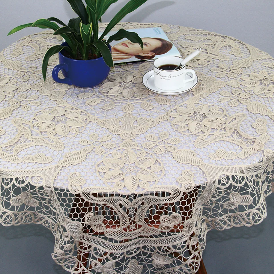 

QUNYINGXIU Tuscany Lace Tablecloth Beige Handmade Cotton Floral Round Table Cover Exquisite Tabelcloth 45*45 inch = 114*114 cm