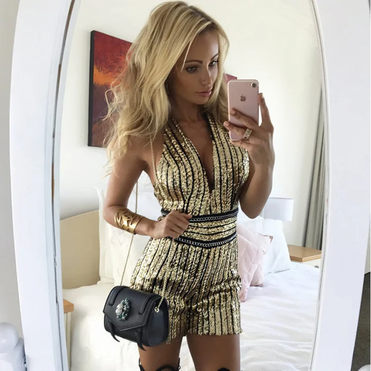 

Cakucool Full Sequins Gold Sexy Slim playsuit Women Sleeveless V neck Backless Casual Capris Shiny Club Bodycon Overall Femme