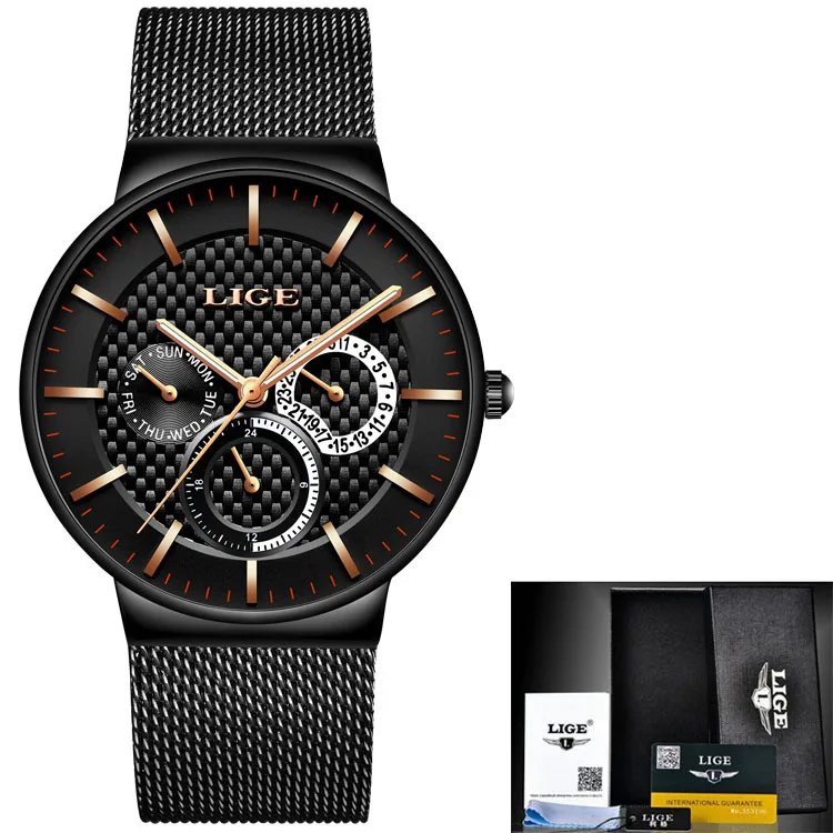 Black rose gold LIGE, новинка, женские модные часы, креативные Женские повседневные часы, нержавеющая сталь, сетчатый ремешок, стильный дизайн, роскошные кварцевые часы для женщин - Цвет: Black rose gold