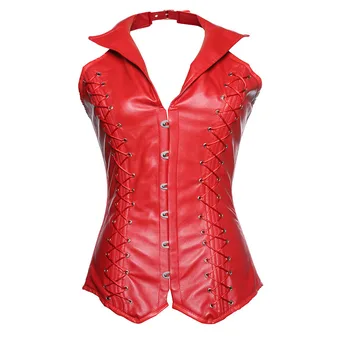 

Building Black Faux Leather Front Bust Spiral Steel Bone Gothic Sexy Halter Collar Corsets And Bustiers Crop Top
