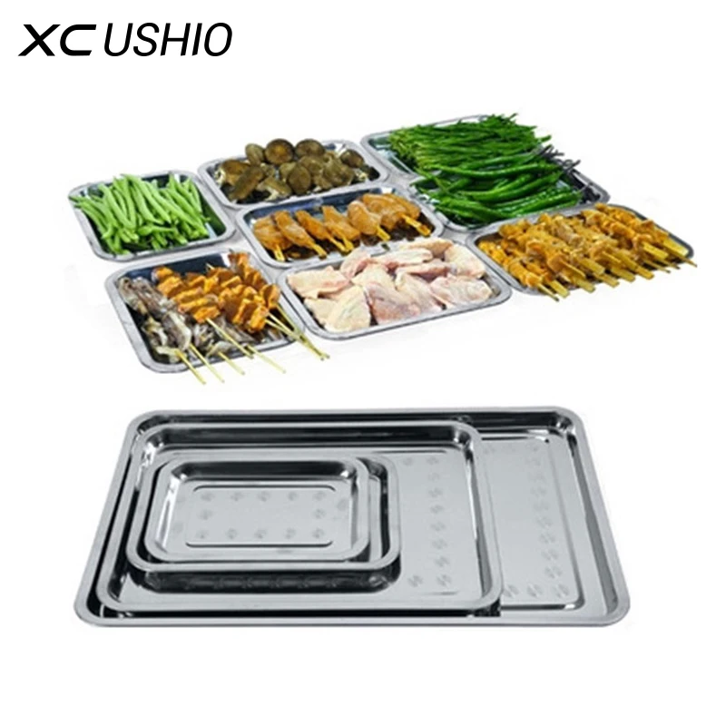 BBQ Stainless Steel Food Tray Barbecue Plate Travel Tools Silver Cake