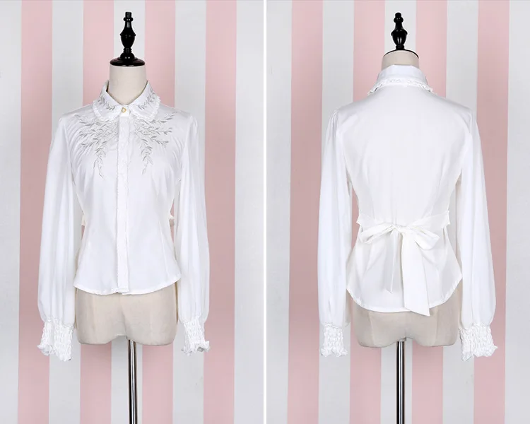 Красивая Женская эластичная шифоновая блузка в стиле Лолиты с вышивкой, рубашка с длинными рукавами и поясом сзади, милые топы, 4 цвета