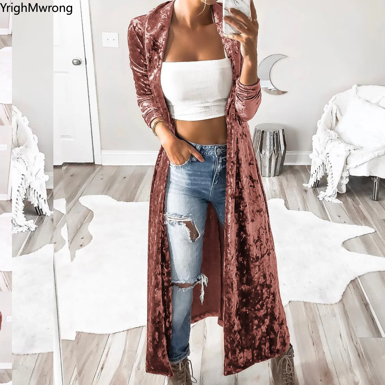 

Plus Size Oversized Open Long Cardigan Vintage Velvet Trench Coat Women Windbreaker Autumn Overcoat Winter Top Outwear Velour