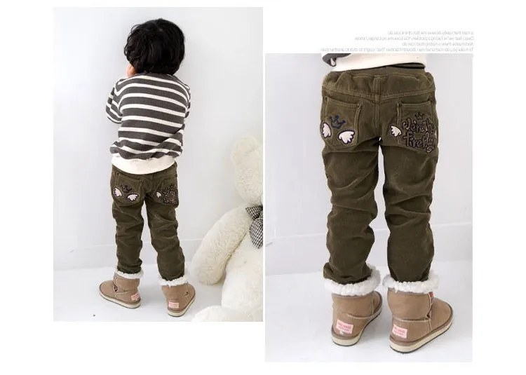 KZ-26 детские штаны для девочек повседневные вельветовые флисовые двухслойные толстые брюки корона вышивка с ангелом