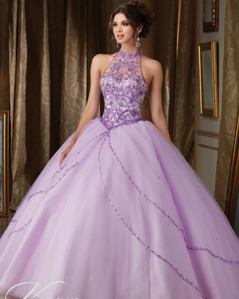 Jeweled Beading Halter Quinceanera Dress Princess Lilac Tulle Ball Gown