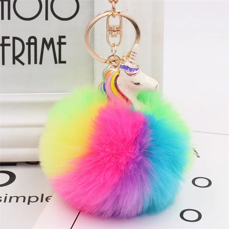 

15pcs/lot Alloy unicorn fur ball pendant colorful striped fur ball key chain lady bag plush pendant wholesale