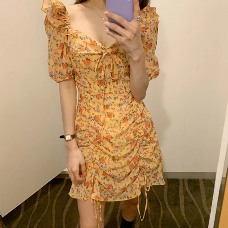 

For Petite Girl!f Slim Fit Princess Style Pleats Puff Sleeve Dress Sexy Summer Short Dress Floral Print Robe Femme Vestido