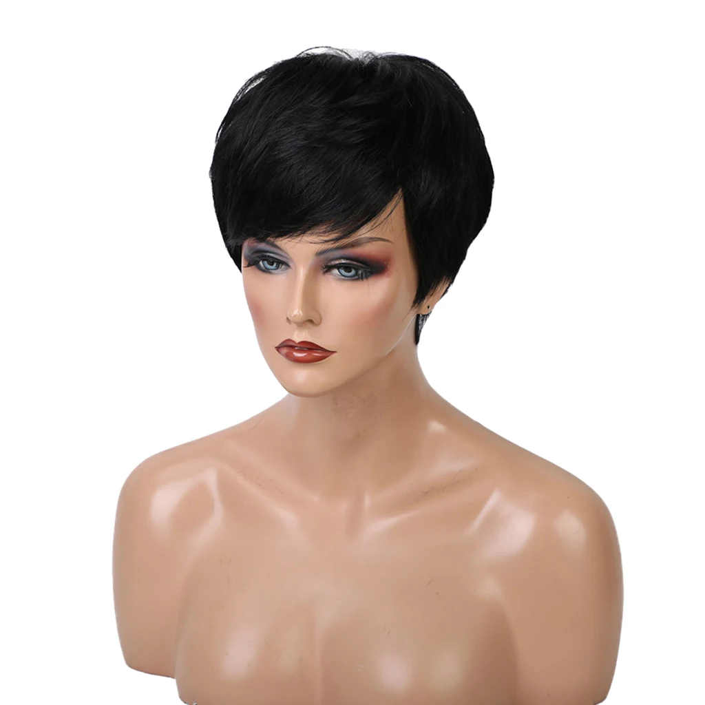 

Natural Black Short Straight Wigs with Hair Bangs Wig Net Cap for Women Heat Resistant 8inch
