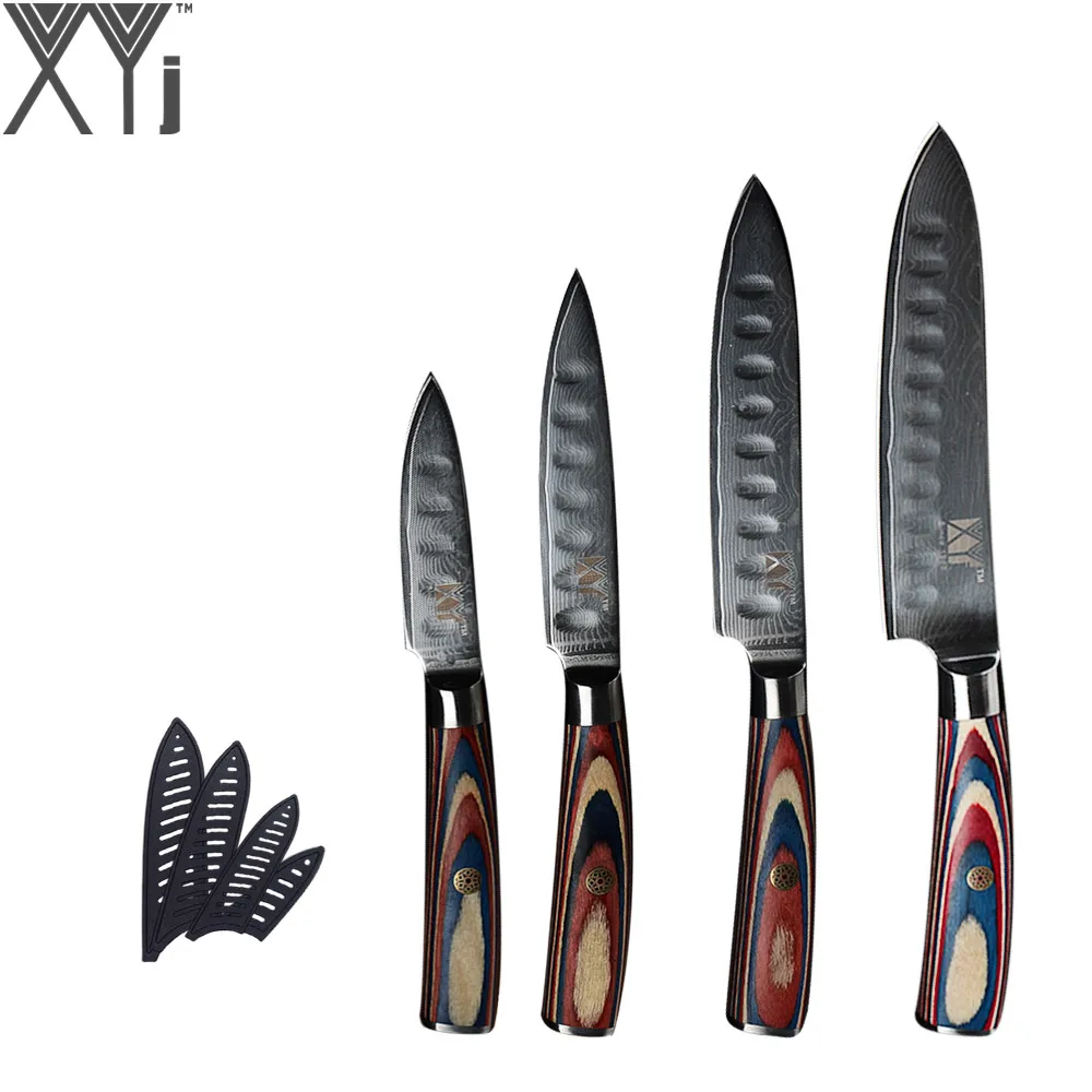 

XYj Kitchen Damascus Steel Knife Set 4 Piece Japanese VG10 Damasucs Steel Sharp Blade Paring Utility Slicing Chef Knives