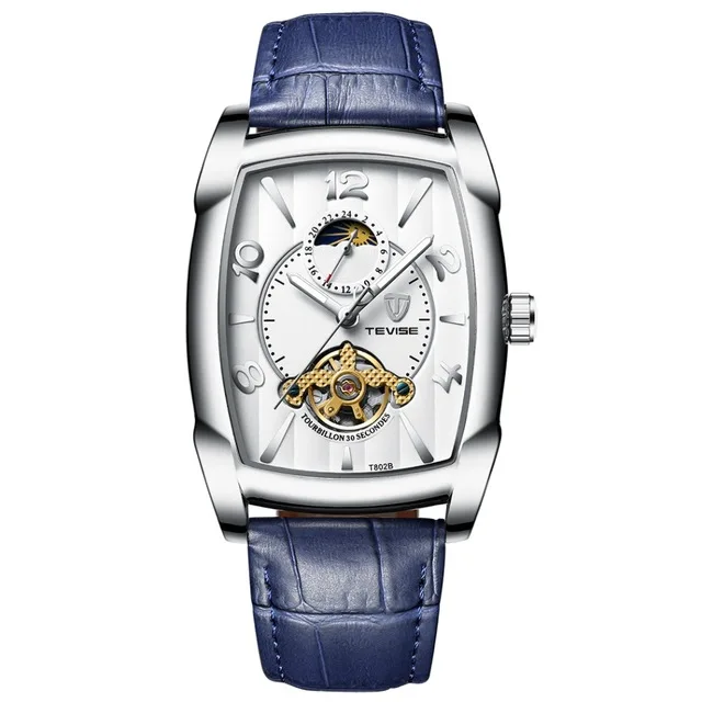 TEVISE Модные мужские автоматические часы Moon phase Tourbillon механические часы мужские кожаные спортивные наручные часы Relogio Masculino - Цвет: blue
