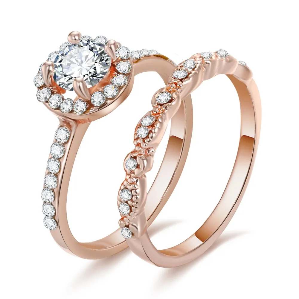 KISSWIFE 2 Pcs/Set Crystal Ring Jewelry Rose Gold Color Wedding Rings Women Girls Gift Engagement Wedding Ring Set 6/7/8/9#