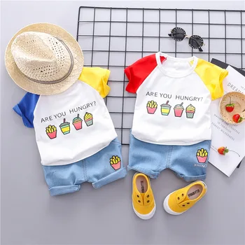 

2019 Summer Baby Boys Short Sleeve Ice Cream Print T-shirt Tops + Denim Jeans Shorts Pants Casual Kids Clothing Sets 2Pcs Suits