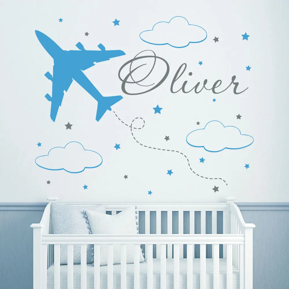 

Removable Eco-friendly Vinyl Decal Custom Name Wall Decals for Boys Plane Clouds Vinyl Nursery Boy Room Decor Sticker D-102
