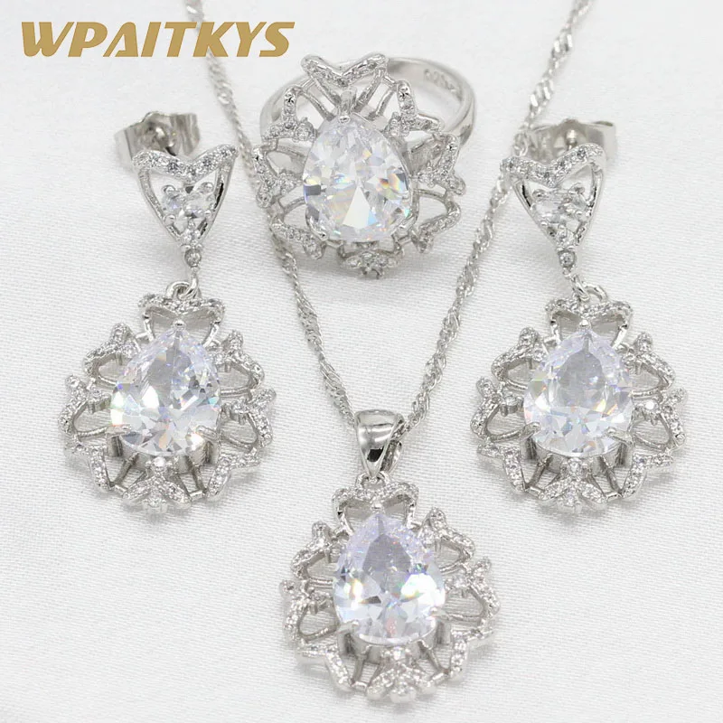 

925 Silver Jewelry Sets For Women 4 color Available Water Drop Zirconia Silver Color Earrings Necklace Pendant Ring Gift Box