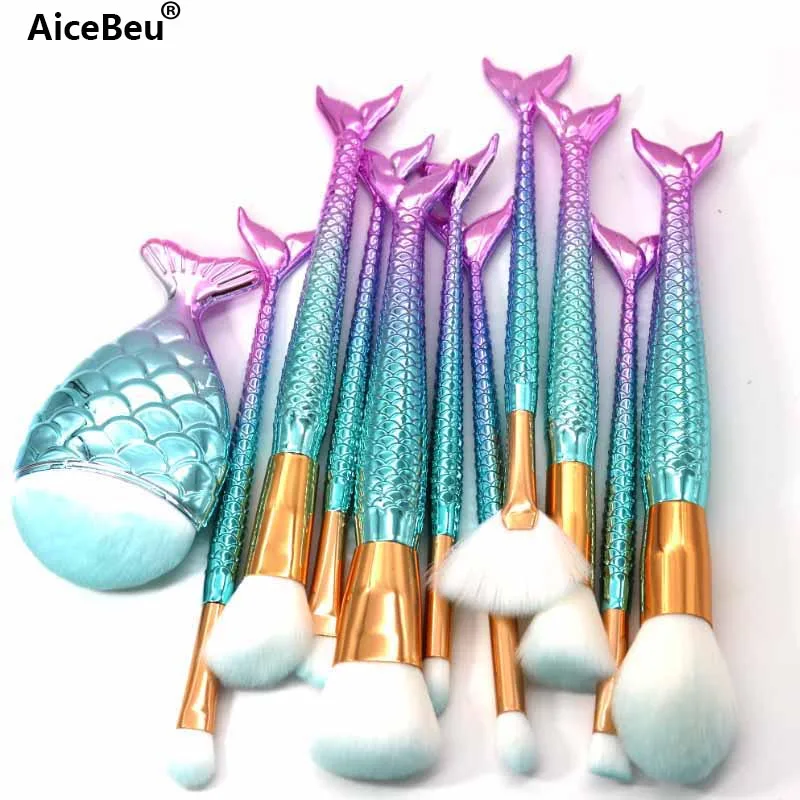 

AiceBeu 1/10/11PCS Mermaid Makeup Brushes Foundation Eyebrow Eyeliner Blush Powder Concealer Makeup Brushes Set maquillaje