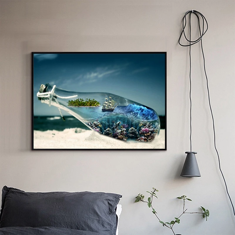 5D DIY алмазов картина вышивки крестом &quotМоре парусник Drift бутылки&quot Стразы для