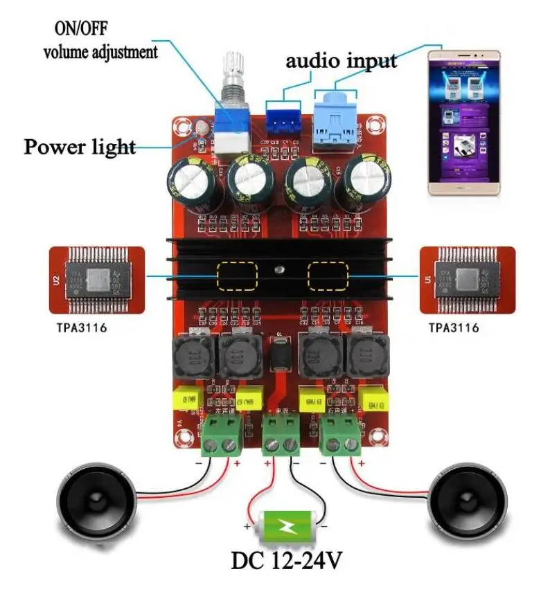 2*100 Вт TPA3116 D2 двухканальный цифровой аудио усилитель доска 12 V-24 V
