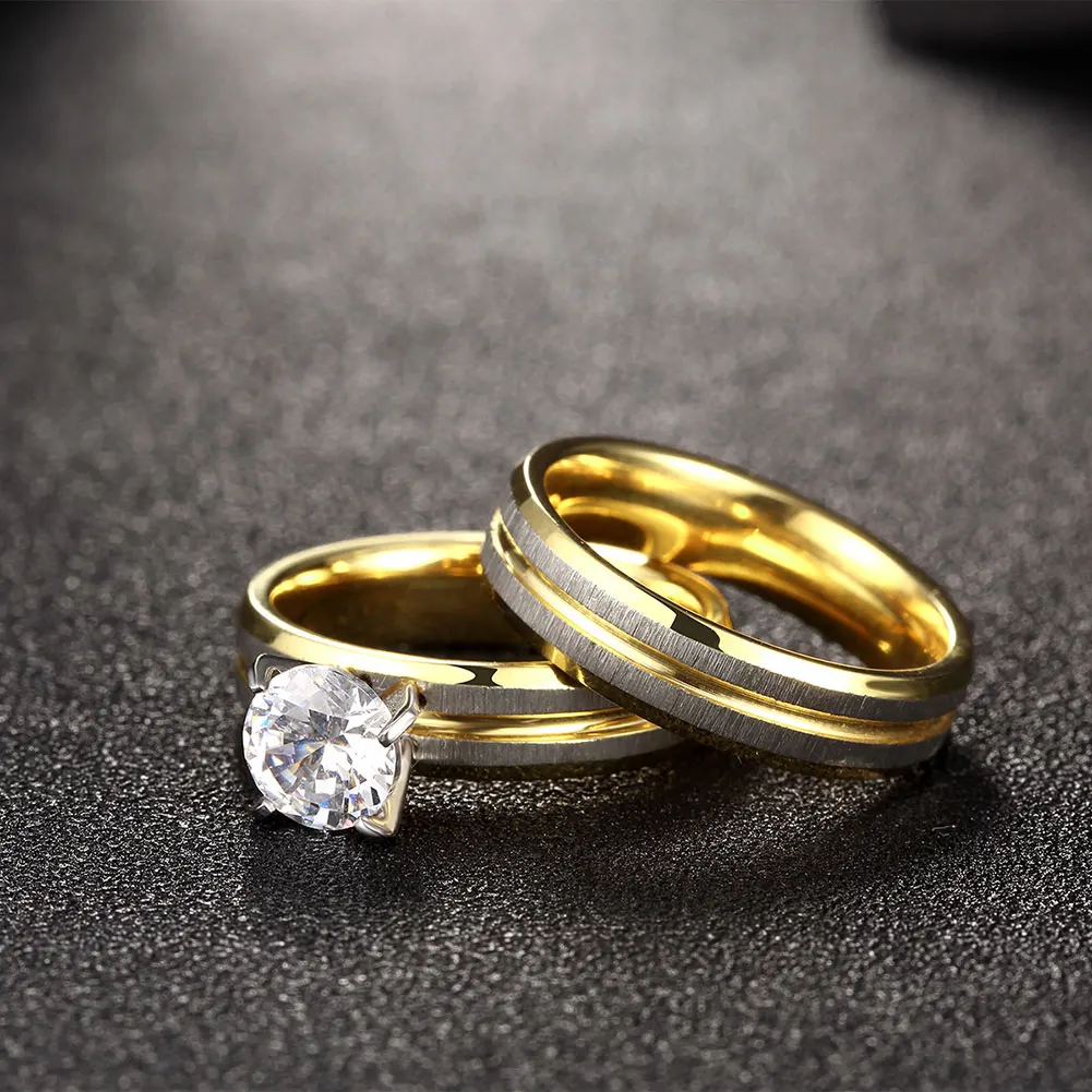 Engagement Promise Jewelry Round Cut AAA Zircon Couples Ring Set Gold Color Titanium Stainless Steel Wedding Ring for Men Women