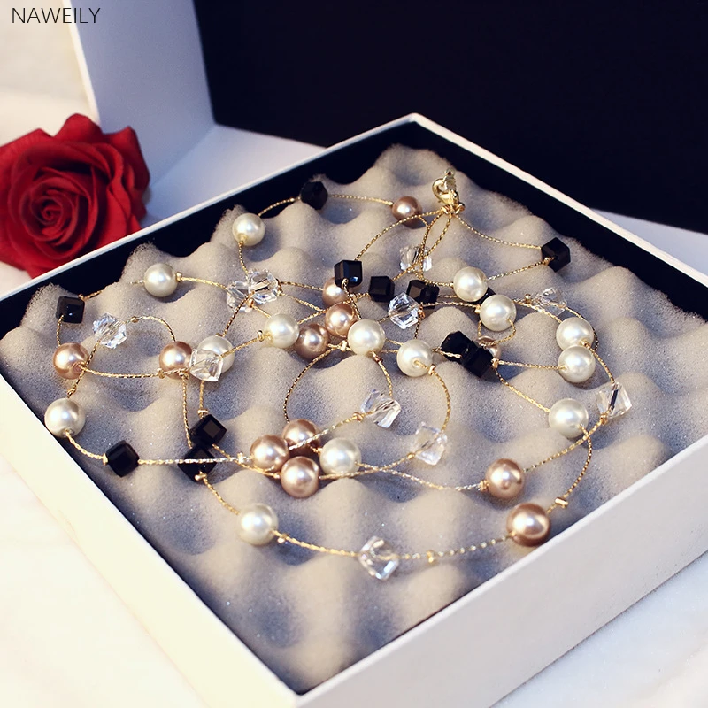 

2019 New Fashion Geometric Crystal Chain Necklaces For Women Imitation Pearl Long Necklace Bead Double Layer Sweater Necklace