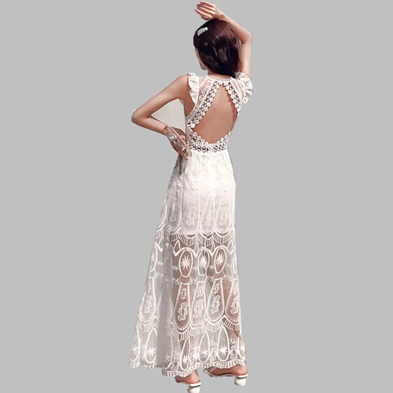 Сексуальное богемное кружевное женское платье с открытой спиной летнее подиумное белое платье с вышивкой без рукавов с цветочным принтом праздничное открытое пляжное платье