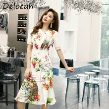 Delocah Women Spring Summer Dress Runway Fashion Designer V-Neck Ruffles Floral Printed Elegant Vintage Mermaid Party Dresses