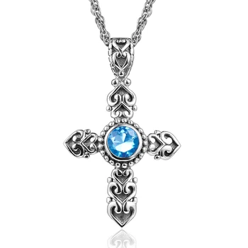 

Fine Jewelry Women 925 Sterling Silver Necklace Pendant Vintage Silver Cross Precious Ruby Sapphire Stone Pendant Female Party