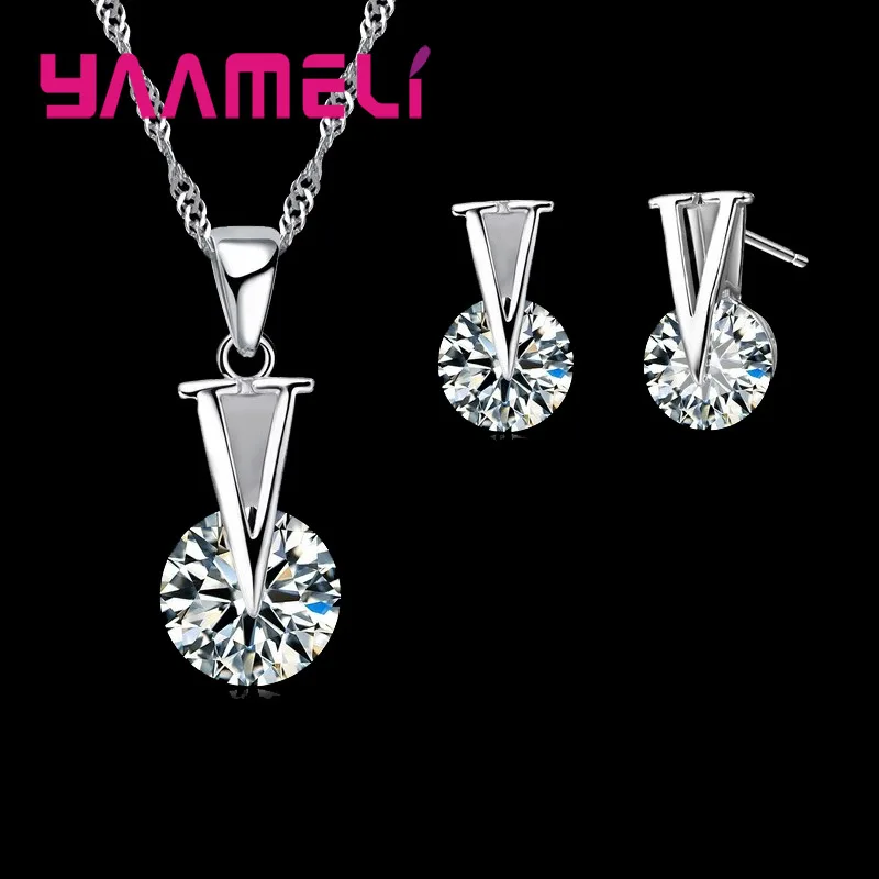 

Trendy Woman Jewelry 925 Sterling Silver Round Cubic Chain Necklace Stud Earring Set Wholesale For Wedding Present