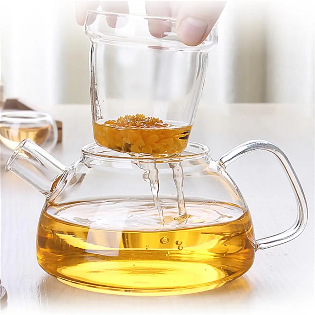Термостойкий стеклянный чайник с бамбуковой крышкой фильтр чайник с внутренним вкладышем Стильный цветочный чайник