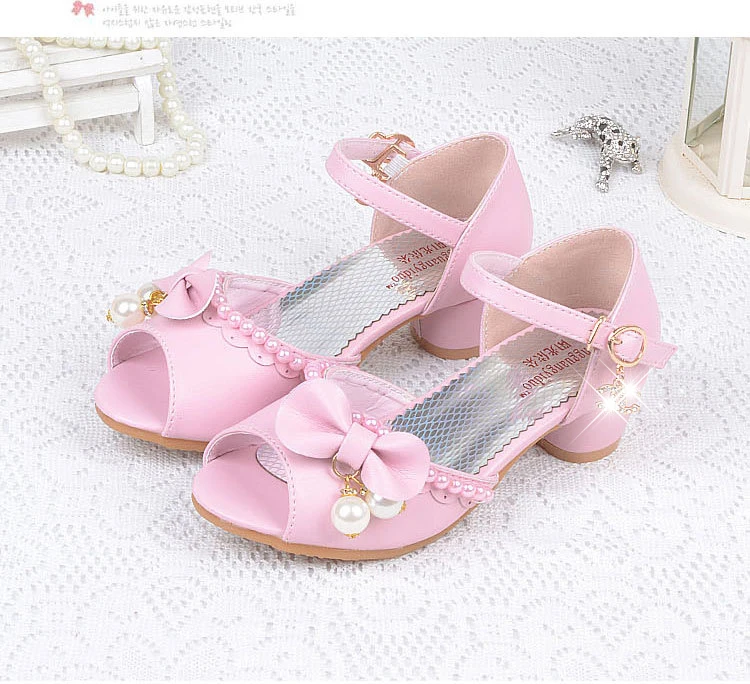 Детские сандалии, обувь для девочек, летние сандалии на высоком каблуке с открытым носком и жемчужным бантом для девочек, танцевальная обувь принцессы для детей, CSH826