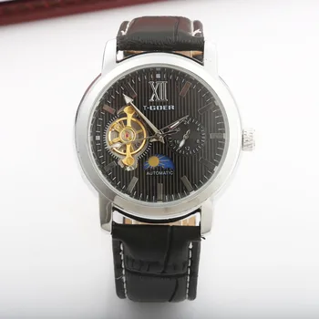 

GOER Tourbillion Watches Luxury Men Mechanical Genuine Leather Band Fashion Men'S Moon Phase Skeleton Watches Reloj Hombre