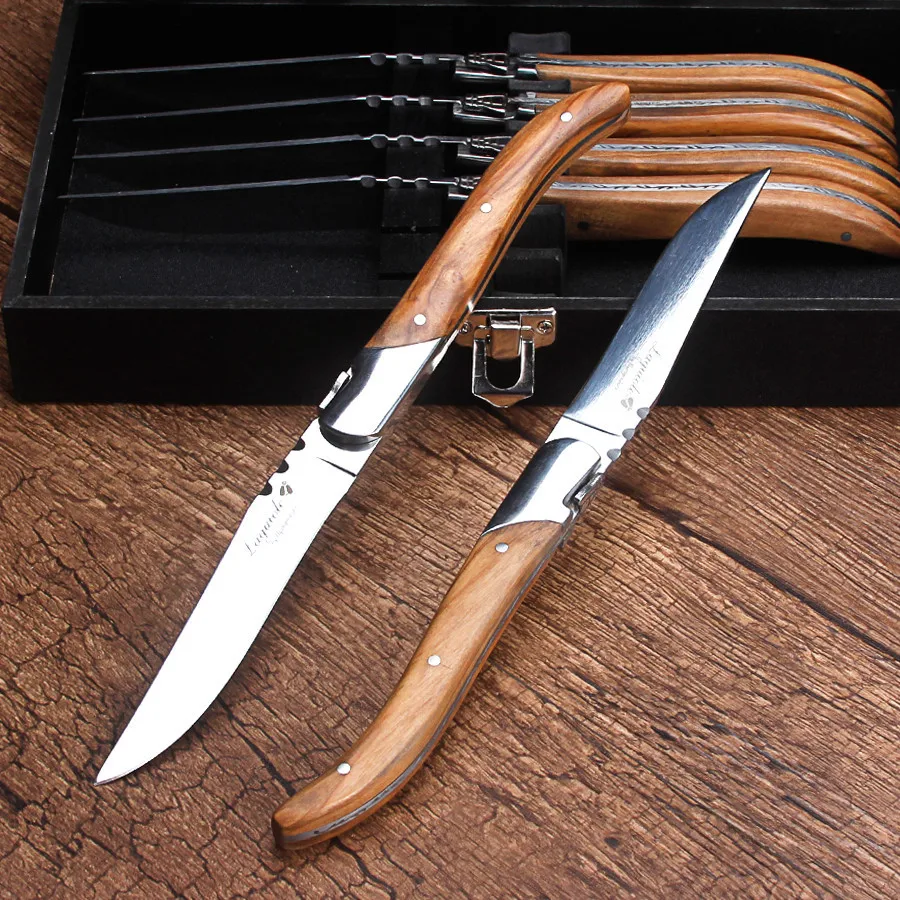 

6 pieces western style dinner knife set with olive handle thickened blade steak knife in gift box set