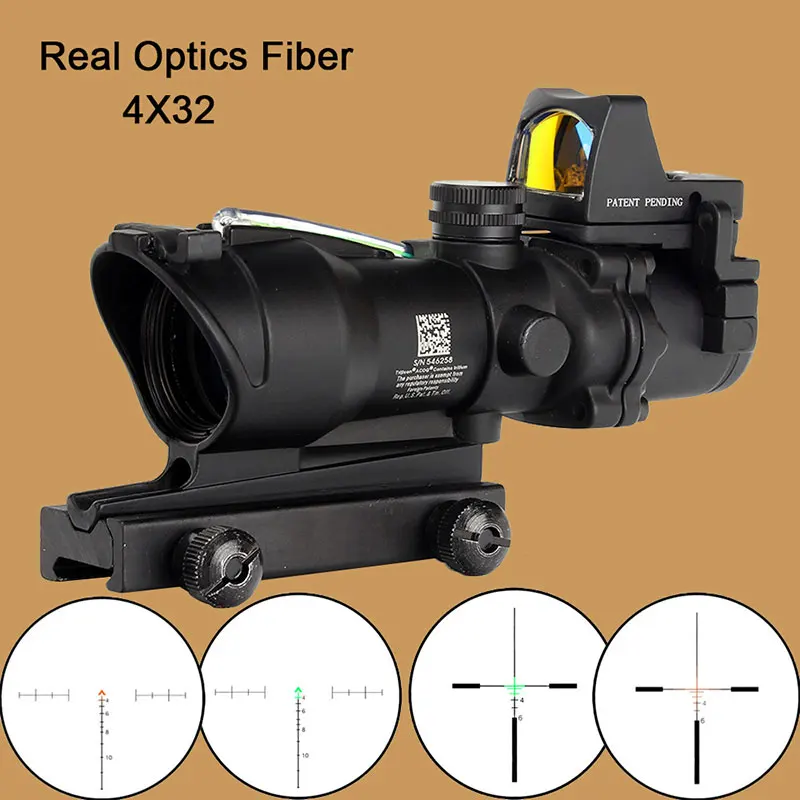 

Tactical Airsoft ACOG 4X32 Sight Scope Real Red Green Fiber Source Illuminated Rifle Scope w/ RMR Micro Red Dot