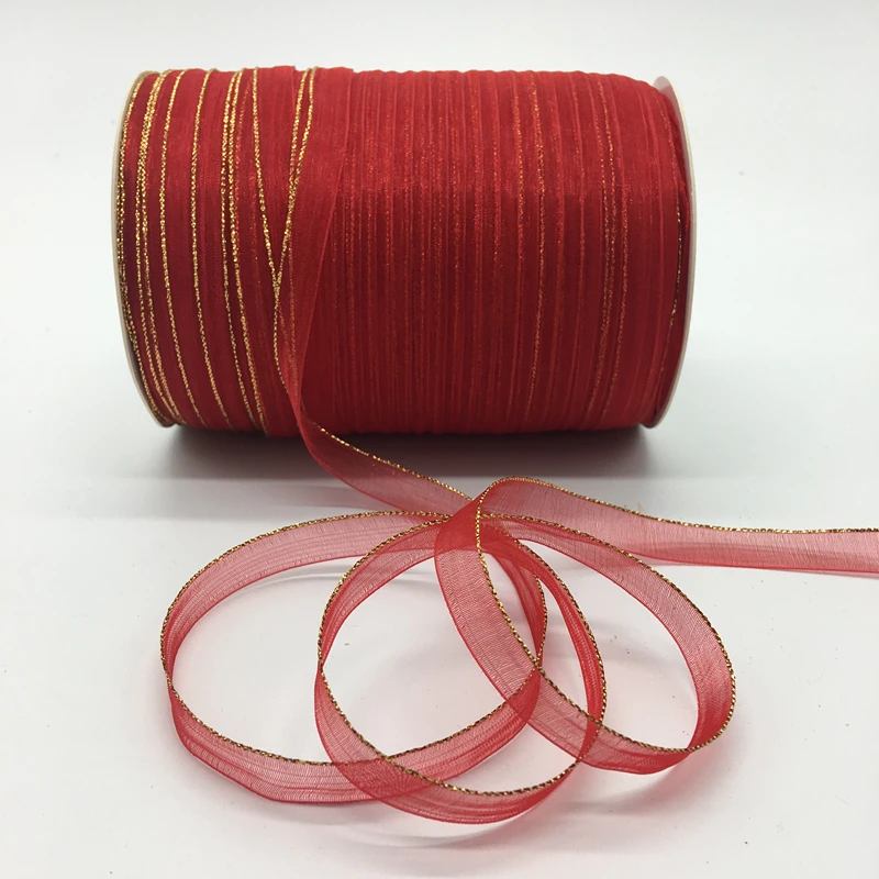 10yds/lot 3/8" 10mm Red Glitter Golden Rimmed Organza Ribbon Bow Hair Wedding Decoration Lace Crafts