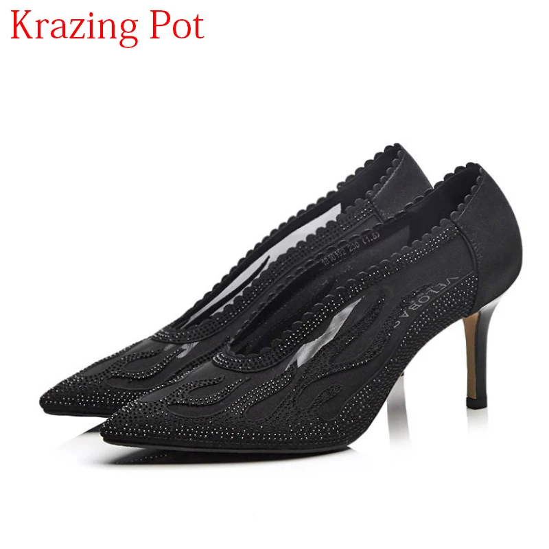

2018 New Arrival Microfiber Mature Slip on Office Lady Elegant Women Pumps Pointed Toe Crystal Thin High Heels Wedding Shoes L21