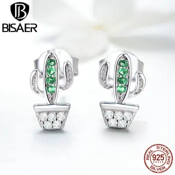 

BISAER Fashion 925 Sterling Silver Cactus Stud Earrings for Women Cactus Luminous zirconia Small Earrings Jewelry ECE522