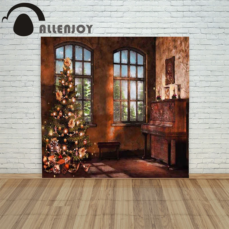 

Allenjoy christmas photography backdrop Retro window xmas tree piano children's photo background Customize festive