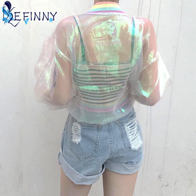 2018 Women Jacket Sunscreen Laser Rainbow Symphony Hologram Light Girl Coat Iridescent Transparent Bomber Jacket Sunproof 2018 Women Jacket Sunscreen Laser Rainbow Symphony Hologram Light Girl Coat Iridescent Transparent Bomber Jacket Sunproof