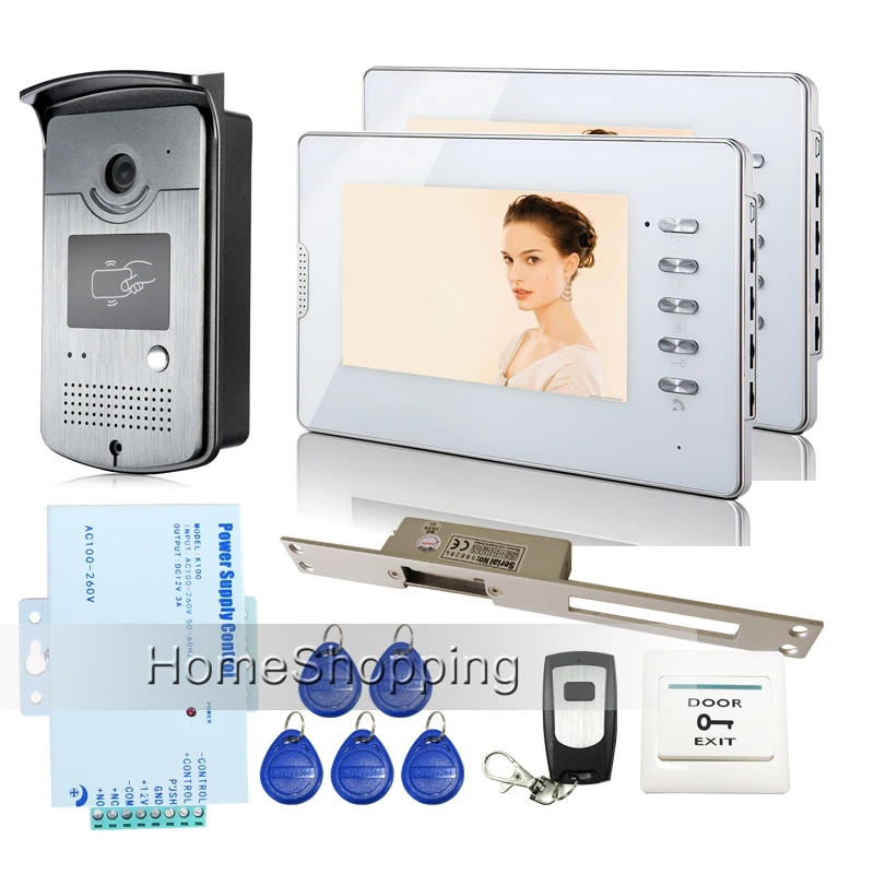 

New 7" Color Screen Video Door Phone Intercom Kit 2 Monitors + 1 Outdoor RFID Access Bell Camera + 250 Strike Lock FREE SHIPPING