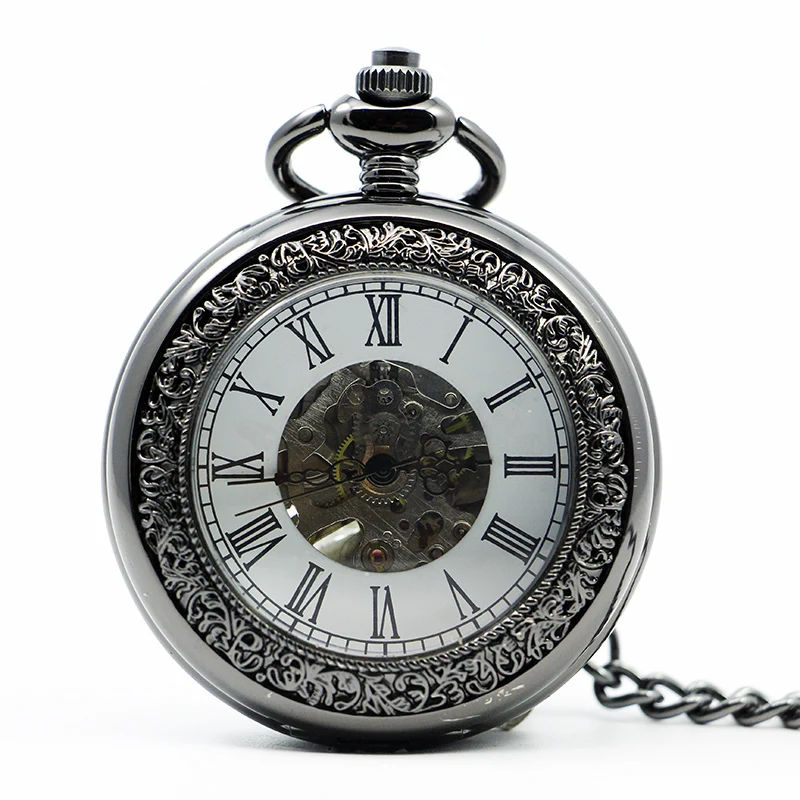 

New Unique Men Magnifier Skeleton Vintage Mechanical Pocket Watch with Chain for gift