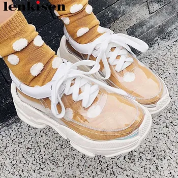 

Lenksien new fashion transparent PVC material lace up sneakers round toe concise style med bottom dating vulcanized shoes L68