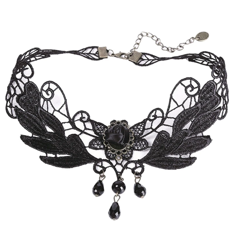 Collier Ras-du-cou Choker En Dentelle Noir, Motif Fleurs, Style Gothique Lolita, Fait Main
