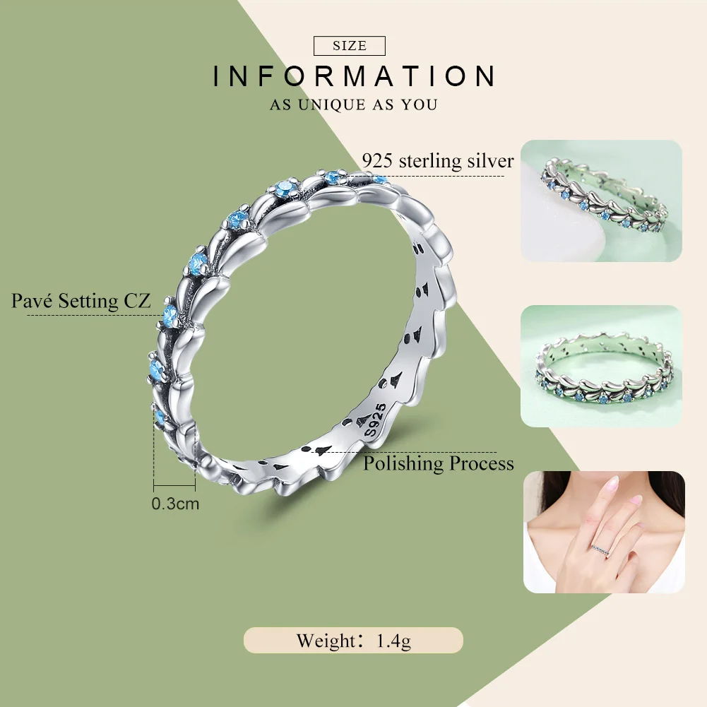 BAMOER Real 100% 925 Sterling Silver Stackable Ring Wheat Wave & Clear CZ Finger Rings for Women Sterling Silver Jewelry SCR162