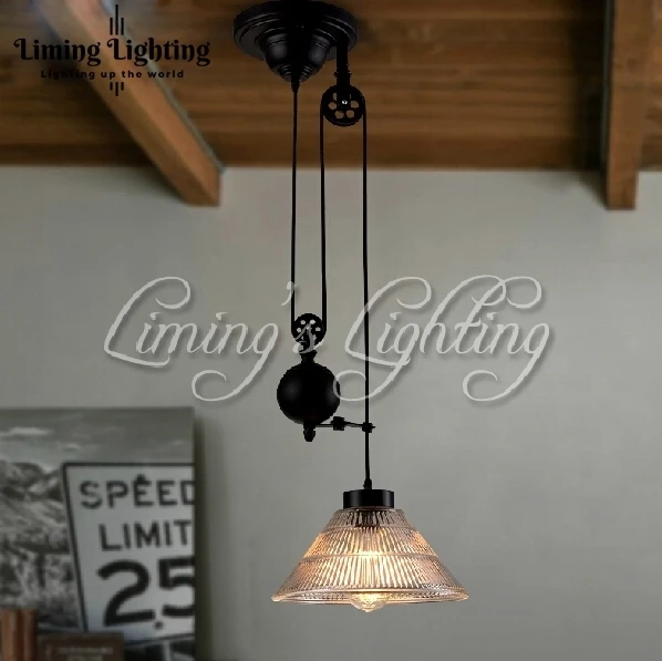 

Vintage Iron Glass RH Loft Industrial LED American Country Pulley Pendant Lights Adjustable Wire Lamps Retractable Bar Lighting