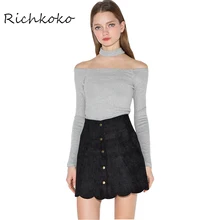 Richkoko 2016 Fashion Sexy Autumn And Women New Fashion Sexy Off Shoulder Tees Slim Long Sleeve Tops Casual Halter T-shirt