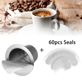 1Set Refillable Reusable Stainless Steel Refill Coffee Capsulas Filter for Nespresso Machines Maker 1 Capsule Cup + 60 Seals